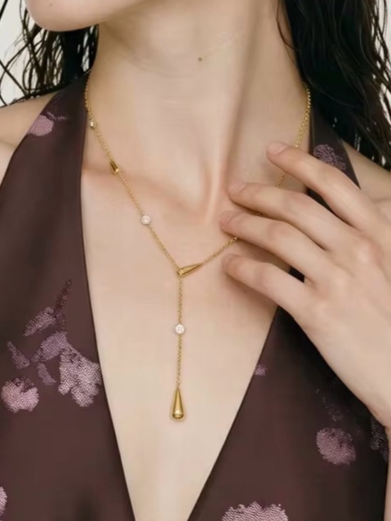 Sara Sotti Jewelry - Gold Plated Stainless Steel Teardrop Lariat Necklace - Elegant Drop Pendant